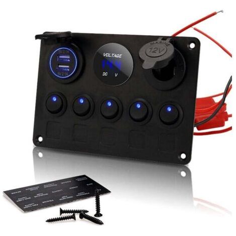 Panneau de Commutateur à Bascule à 5 Gangs - Interrupteur à Bascule Étanche - Double USB DC 12V/24V - Pour Bateau, Voiture, Camion, Remorque, Marine, Véhicules SUV, Camping-Car