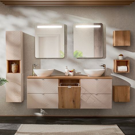 Conjunto de muebles con doble lavabo 160cm espejos LED columna y 3 armarios de pared Manoa de Cachemira y madera (1/4)