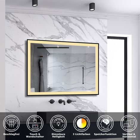 LED Spiegel Schwarzer Rahmen Badspiegel mit Warm/Neutral/Kaltweiß Dimmbar Memory Touch/Wandschalter Beschlagfrei Wandspiegel 1 hour automatische Abschaltung 80X60cm (1/5)