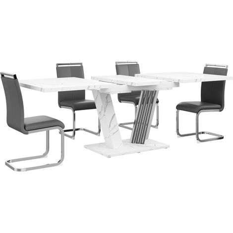 Ensemble salle à manger 5 pièces, table extensible avec 4 chaises grises, plateau MDF effet marbre blanc, pour 4 à 6 personnes (1/5)