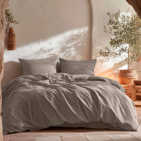 Parure de lit pour lit de 135/140 cm, Unie 100% Coton, Housse de Couette 220x220 cm et 2 taies d'oreiller, Respirant, Doux, Couleur Gris foncé (1/5)