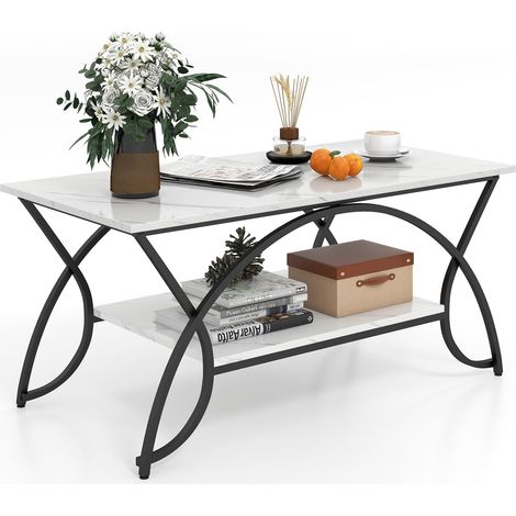 Table de Salon, Table Basse avec étagère et Structure en métal, Aspect marbre, Table d'appoint, Table Basse pour Salon, 100 x 50 x 45 cm (Noir et Blanc) (1/5)