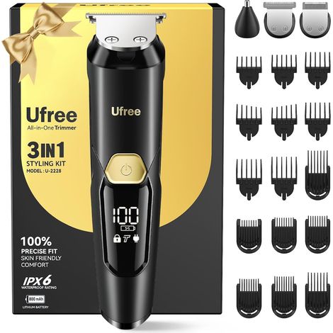 Kit de tondeuse à barbe 3 en 1 pour homme, rasoir électrique pour moustache, corps, nez, poils du visage, tondeuse à cheveux professionnelle, tondeuse rechargeable, étanche à l'eau, cadeau (1/5)