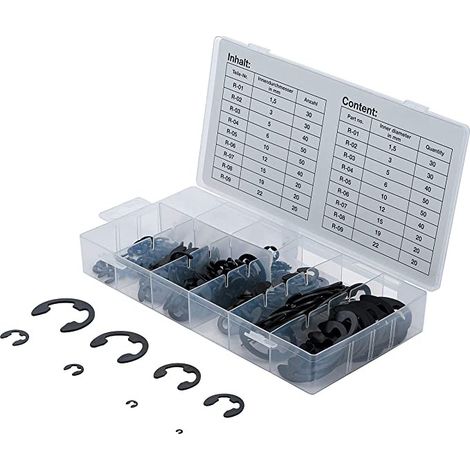 Coffret de 300 circlips type E de 1.5 à 22 mm – Acier à ressort pour mécanique auto et industrielle – Maintien d'axes et pistons – Asta