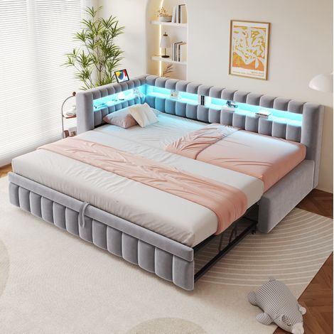 Canapé convertible 90 x 200 cm avec lit gigogne, éclairage LED, USB-C, velours gris clair HAVRYA (1/5)