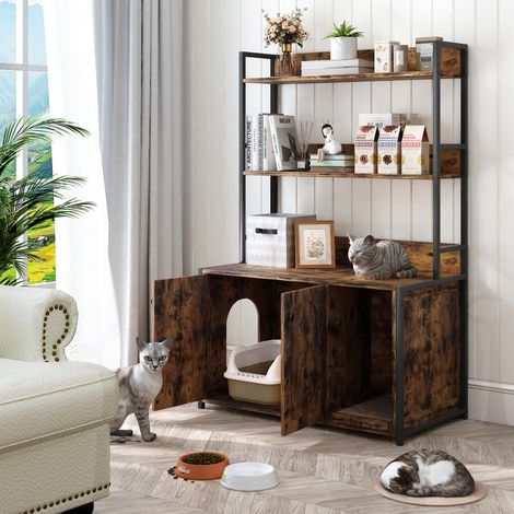 Meuble litière chat 89,5x45x132 cm en bois brun, avec rangement, pour salon FloraGrace (1/5)