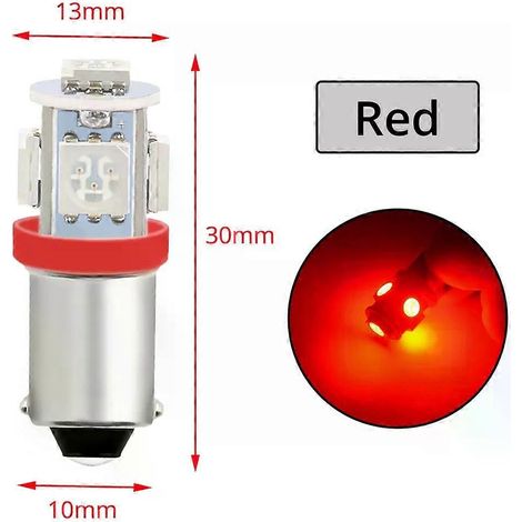 Lot de 10 ampoules BA9S pour plafonnier, éclairage de porte, T4W 5SMD 5050LEDs 12V, blanc/rouge, feu de position, clignotant arrière, feu de plaque d'immatriculation.