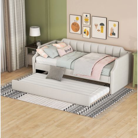 Lit banquette rembourré beige en lin-coton 90x200 cm avec lit gigogne 90x190 cm et tête de lit (1/5)