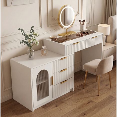 REDOM - Tocador 90-160x40x75 cm - tablero extensible - espejo LED de 3 modos - almacenaje organizado - MDF - blanco (1/5)