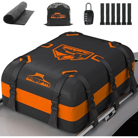 Sac de Toit 425-566 L, imperméable, Pas Besoin de Porte-Bagages, Coffre de Toit de Voiture avec Tapis antidérapant et 6 Sangles Robustes (Orange-566 L) (1/5)