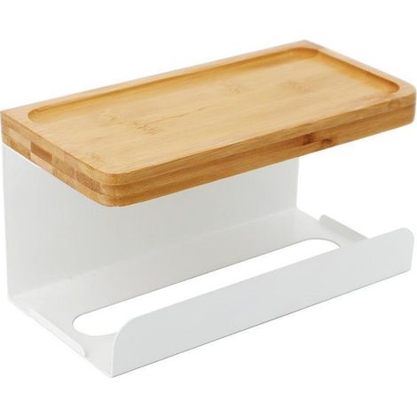Papier Toilette Adhesif sans Percage Derouleur WC Murale avec Étagère en Bambou 2 en 1 Blanc (1/5)