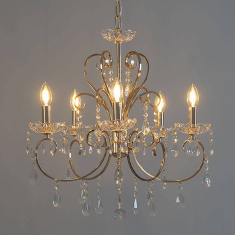 Kosilum – Lustre baroque en métal doré avec 5 branches – Pampilles en cristal – Suspension élégante pour salon – Pavia (1/5)