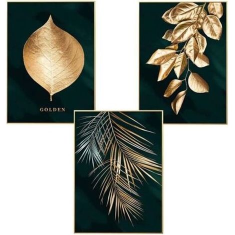 Lot de 3 affiches murales design avec motifs forêt, feuille dorées, palme, sans cadre, décoration murale pour le salon (30x40cm) (1/4)
