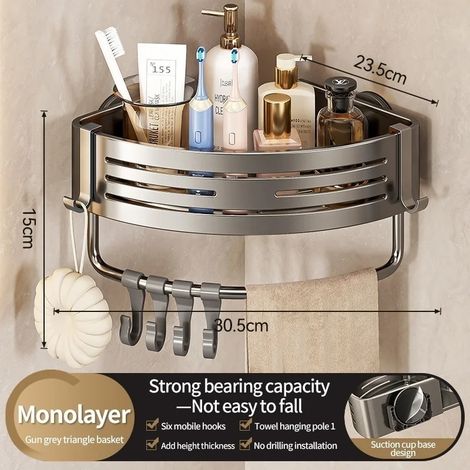 (Barre triangulaire grise) Étagère de rangement de salle de bain en aluminium sans perforation avec ventouses, panier triangulaire mural, rangement d'angle pour salle de bain (1/5)