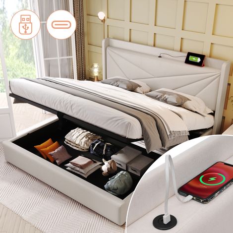 Letto imbottito 160x200 cm con testiera, USB Type-C, contenitore e rete a doghe in legno colore beige (1/5)