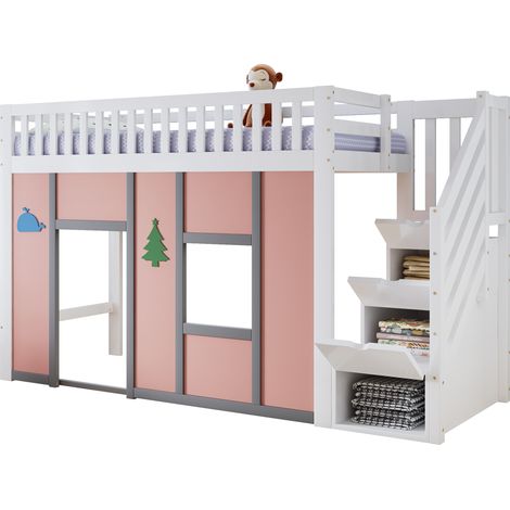 CHICFURN Lit mezzanine enfant 90x200 cm blanc et rose avec escalier de rangement, éclairage LED, espace de jeu, barrière de sécurité pour chambre enfant (1/5)