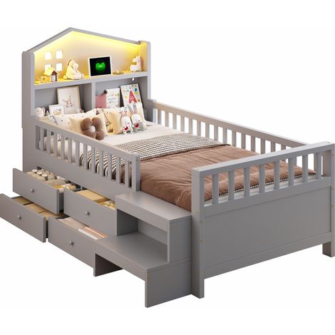 Lit enfant 90 x 200 cm avec barrière de sécurité, quatre tiroirs de rangement, marches, éclairage LED, ports de charge USB et Type-C, lit en bois massif avec sommier à lattes, lit simple, gris (1/5)