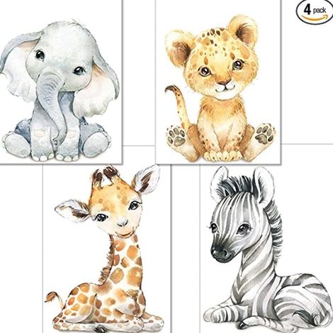 Lot de 4 Affiches Chambre Bébé - Format A4 Tigre & Girafe Zèbre, Décor Garçon & Fille, 2130cm. (1/4)