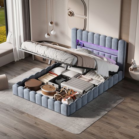 Lit double 180x200 cm avec rangements ,Tête de lit capitonné LED et port USB en velours gris ,Mécanisme hydraulique, Cadre à lattes pour adulte ado (1/5)