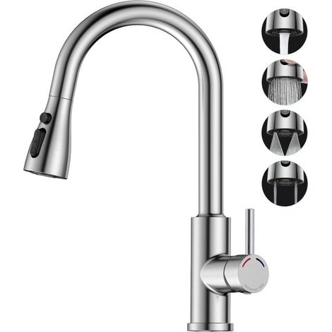 Robinet Cuisine avec Douchette Extensible Mitigeur - PRO Rabattable Mitigeur Robinet Evier de Cuisine avec 4 Douchette Modes, 360° d'É (1/4)