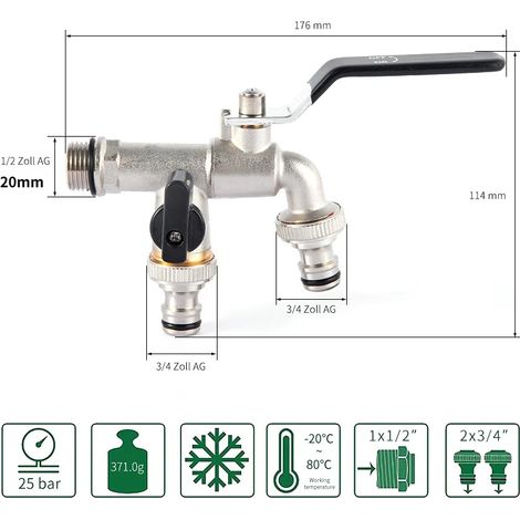 Robinet de jardin extérieur (entrée d'eau DN15), antigel, double commande, en cuivre, pour lave-linge et évier de jardin 1/2 (1/4)