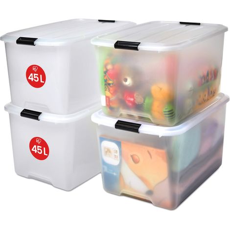 Boite Rangement Plastique avec Couvercle, 45L, Lot de 4, Transparent, Clips de Fermeture, Poignée, Empilable, Portable, Solide (1/5)
