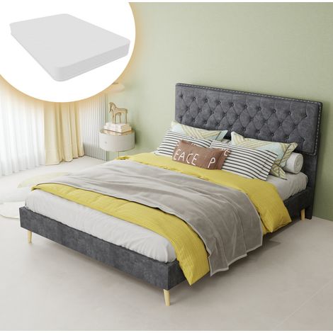 Letto moderno in velluto olandese grigio 140x200 cm con testiera alta imbottita, rete a doghe e materasso incluso