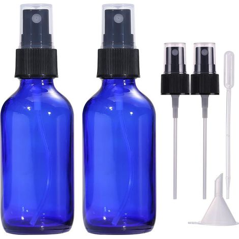 60 ml leere blaue Glas-Sprühflasche, nachfüllbare und wiederverwendbare Reise-Sprühflaschen für ätherische Öle, Haarpflege, Parfums und Reinigungsmittel (2er-Pack) (1/4)