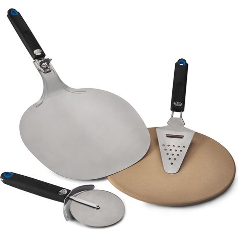 Napoleon – Kit à pizza 4 ustensiles – Pierre en cordiérite ⌀35 cm – Pelle et roulette inox – Râpe à fromage inox pour cuisson optimale (1/8)