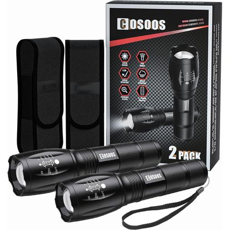 Lampe Torche LED 2 Pcs, Ultra Puissante Lampe de Poche avec Étui, IPX4 Étanche Lampe Tactique, Militaire en Aluminium, Zoomable avec 5 Modes pour Camping, Randonnée, Urgences (1/5)