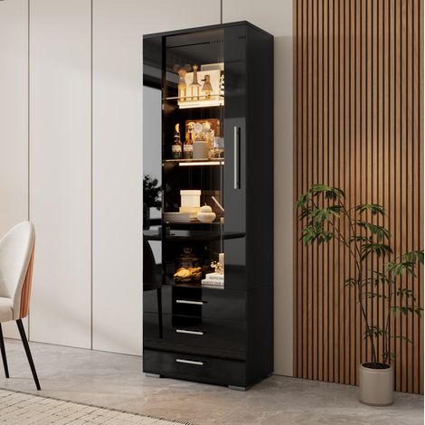 Schwarz Hochglanzvitrine, Vitrine Glasvitrine , Standvitrine mit LED-Beleuchtung, Vertikale Vitrine mit 3 Schubladen, 6035180cm (1/5)