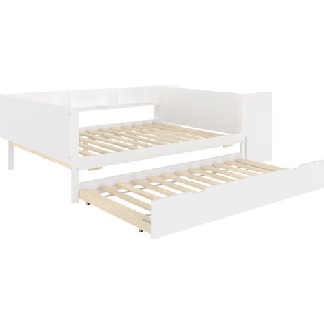 Letto doppio 140x200 cm con scrivania, letto estraibile e ripiani, pino e pannello bianco (1/5)