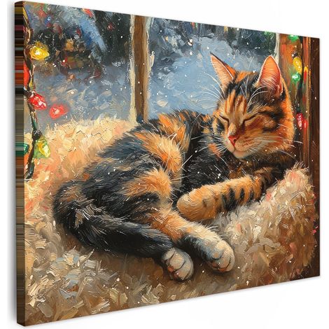 TABLEAU SUR TOILE Chat - Noël - Hiver - Animal Décoration Murale 40x30 cm