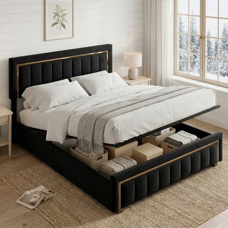 Letto contenitore 160x200 con rete, letto matrimoniale capitonné, letto per adulti con apertura idraulica, bordatura dorata, velluto, stile moderno/scandinavo(160x200cm, Nero)