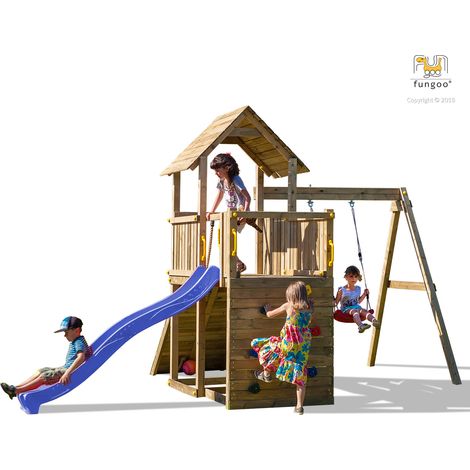 Aire de jeux avec balançoire 1 siège – Toboggan bleu 2,2m – Bois en pin sylvestre autoclave classe 3 – Surface 14,26m² – Nombre d'utilisateurs max 10 – Fungoo