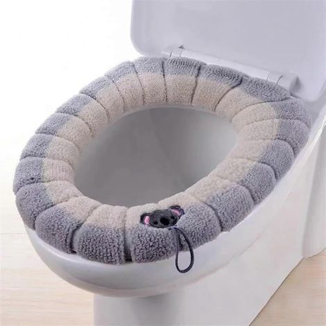 Ensemble de housse de siège de toilette chaude et chaude pour l'hiver avec poignée, épaisse et douce, lavable, beige et gris. (1/5)