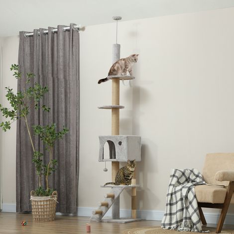 Tiragraffi per gatti dal pavimento al soffitto, 225-255 cm, con altezza regolabile, piattaforme multiple, scaletta, palla pendente, grigio.