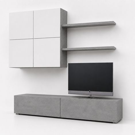 Parete Attrezzata Per Soggiorno Moderno Con Base TV 2 Ante Pensile 4 Ante E 2 Mensole Design Contemporaneo In Melaminico Facile Da Pulire Bianco E Grigio Cemento (1/5)