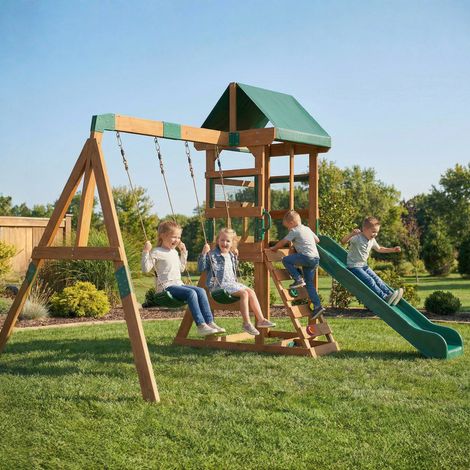 Tour de jeux en bois, structure d'escalade, balançoire avec toboggan, 2 balançoires, mur d'escalade pour les enfants de 3 à 8 ans, 315 x 284 x 233 cm, vert (1/5)