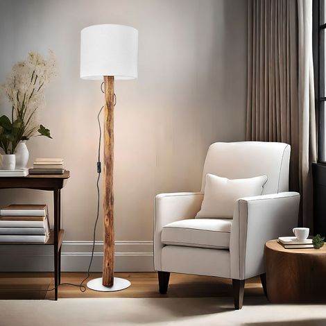 Lampadaire lampadaire style campagnard lampe en bois eucalyptus marron salon lampadaire avec abat-jour en tissu, métal textile or blanc, douille 1x E27, DxH 30x130 cm (1/5)