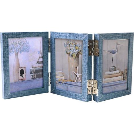 Vintage folding rotating wooden frame for three 15cm photos, perfect for a unique rustic desk (blue).