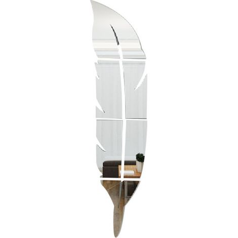Specchio da parete in acrilico KZQ con piume argentate, rimovibile, autoadesivo, per soggiorno, camera da letto, bagno, arredamento rustico, 74 x 18 cm (1/4)