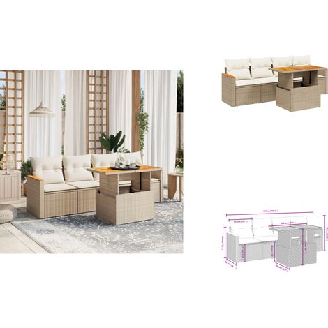 5-tlg. Garten-Sofagarnitur mit Kissen Beige Poly Rattan - Gartensorte - Gartenmöbelset - Lounge Set - Rattan Möbel - Outdoor Furniture (1/3)