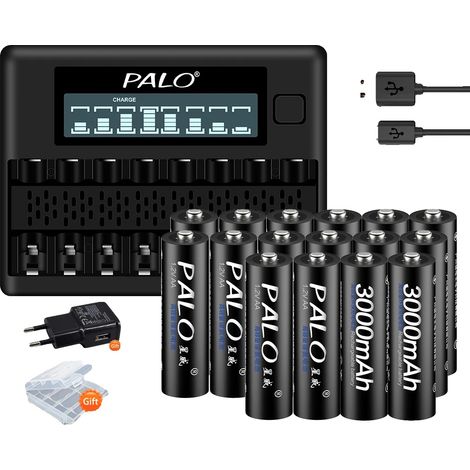 Batería recargable, capacidad de 3000 mAh, cargador inteligente, 16 baterías, 1 cargador (1/2)