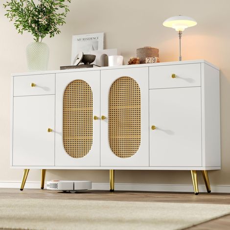 Cómoda 140 cm estilo escandinavo, 2 cajones, 4 puertas, estantes ajustables, patas doradas, mueble salón y cocina, Blanco (1/5)