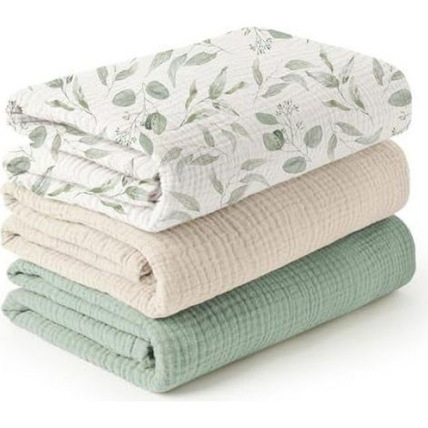 Ensemble de trois couvertures pour bébé en mousseline, couverture d'emmaillotage pour nouveau-crème abricot+feuilles+vert-120120cm (1/4)