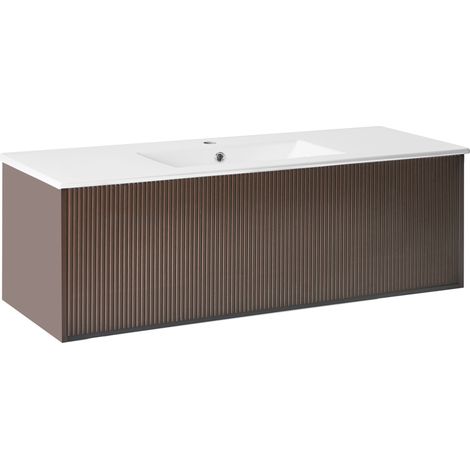 Mueble de baño suspendido con lavabo de madera sintética con almacenaje 120 cm marrón Madidi (1/5)