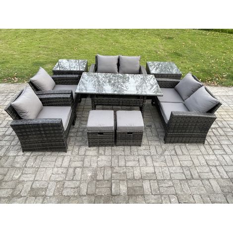 Fimous Garden Furniture Sets 9 Pieces Rattan Furniture Handmade Wicker Patio Sofa Set with 2 Small Footstools 2 Side Tables Dark Grey Mixed (1/5)