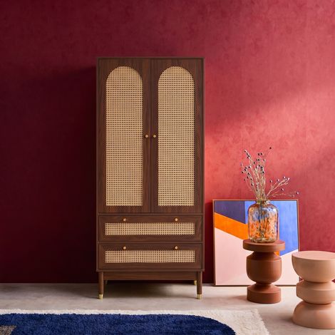 Dressing penderie décor bois noyer et cannage 2 portes. 1 penderie et 2 tiroirs (1/5)