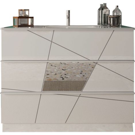 Badezimmermöbel mit einem Waschbecken und 3 Schubladen, Kollektion VITARIO. Farbe Hochglanzweiß.